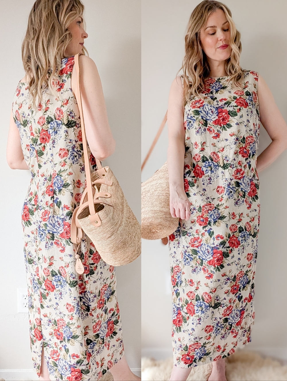 Vintage Floral Linen Sleeveless Maxi Length 90s Market Shift Dress